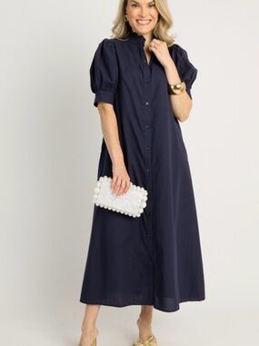 Navy Puff-Sleeve Button-Front Maxi Dress